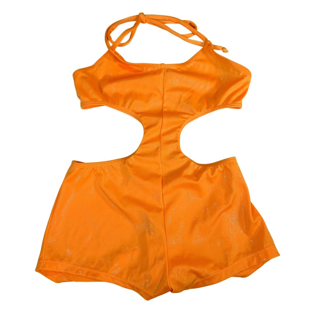 Zuliana VTG Womens Small Neon Orange Glitter Cut Out Monokini Romper Cover Up